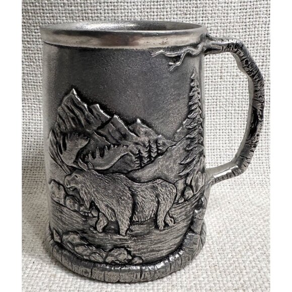 Pewter Tanker Mug with Moose Bear Mountains Fish Trees Stream raised 3D design - Picture 2 of 3